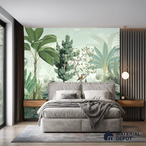 Soft Jungle Symphony Tropical Mist Nature Art | WP 03971 Non Woven Matte Finish Tropical Style Premium Customized size Wallpaper | 150 GSM WP01MTF Paper | (MOQ = 30 Sq. Ft.)
