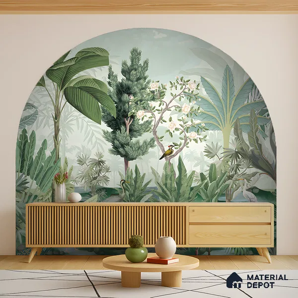 Soft Jungle Symphony Tropical Mist Nature Art | WP 03971 Non Woven Matte Finish Tropical Style Premium Customized size Wallpaper | 150 GSM WP01MTF Paper | (MOQ = 30 Sq. Ft.)