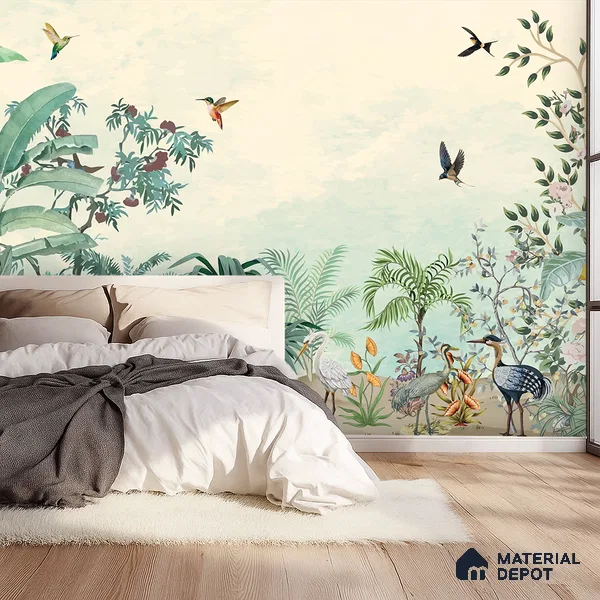 Soft Horizon Jungle Tropical Mist Nature Art | WP 03972 B Canvas Texture Finish Tropical Style luxurious Customized size Wallpaper | 250 GSM WP01CNF Paper | (MOQ = 30 Sq. Ft.)