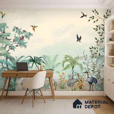Soft Horizon Jungle Tropical Mist Nature Art | WP 03972 B Canvas Texture Finish Tropical Style luxurious Customized size Wallpaper | 250 GSM WP01CNF Paper | (MOQ = 30 Sq. Ft.)