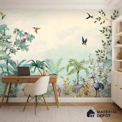 Soft Horizon Jungle Tropical Mist Nature Art | WP 03972 B Canvas Texture Finish Tropical Style luxurious Customized size Wallpaper | 250 GSM WP01CNF Paper | (MOQ = 30 Sq. Ft.)
