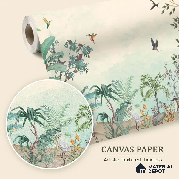 Soft Horizon Jungle Tropical Mist Nature Art | WP 03972 B Canvas Texture Finish Tropical Style luxurious Customized size Wallpaper | 250 GSM WP01CNF Paper | (MOQ = 30 Sq. Ft.)