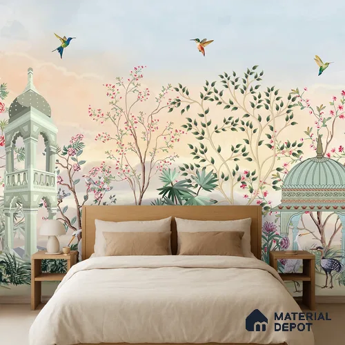 Blossom Pavilion Birdscape Orient Chinoserie Pattern | WP 03973 B Canvas Texture Finish Chinoiserie Style luxurious Customized size Wallpaper | 250 GSM WP01CNF Paper | (MOQ = 30 Sq. Ft.)