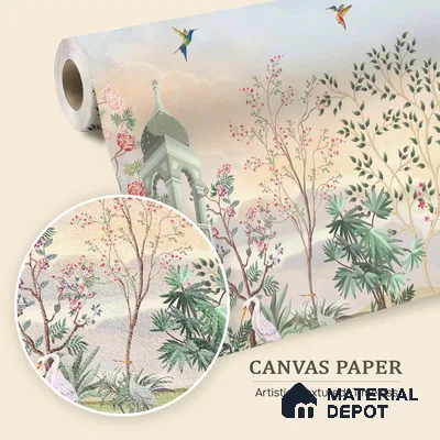 Blossom Pavilion Birdscape Orient Chinoserie Pattern | WP 03973 B Canvas Texture Finish Chinoiserie Style luxurious Customized size Wallpaper | 250 GSM WP01CNF Paper | (MOQ = 30 Sq. Ft.)