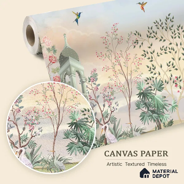 Blossom Pavilion Birdscape Orient Chinoserie Pattern | WP 03973 B Canvas Texture Finish Chinoiserie Style luxurious Customized size Wallpaper | 250 GSM WP01CNF Paper | (MOQ = 30 Sq. Ft.)