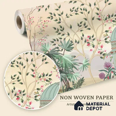 Blossom Pavilion Birdscape Orient Chinoserie Pattern | WP 03973 Non Woven Matte Finish Chinoiserie Style Premium Customized size Wallpaper | 150 GSM WP01MTF Paper | (MOQ = 30 Sq. Ft.)