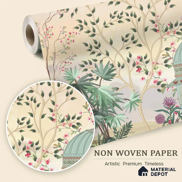 Blossom Pavilion Birdscape Orient Chinoserie Pattern | WP 03973 Non Woven Matte Finish Chinoiserie Style Premium Customized size Wallpaper | 150 GSM WP01MTF Paper | (MOQ = 30 Sq. Ft.)