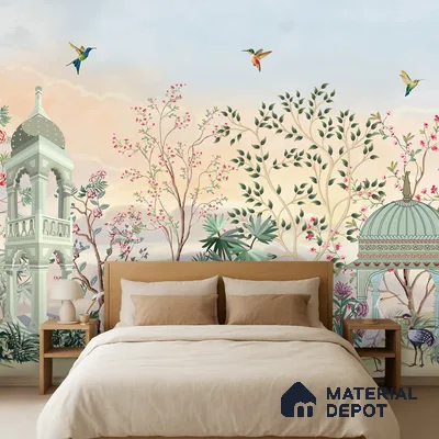 Blossom Pavilion Birdscape Orient Chinoserie Pattern | WP 03973 Non Woven Matte Finish Chinoiserie Style Premium Customized size Wallpaper | 150 GSM WP01MTF Paper | (MOQ = 30 Sq. Ft.)