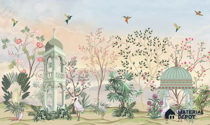 Blossom Pavilion Birdscape Orient Chinoserie Pattern | WP 03973 Non Woven Matte Finish Chinoiserie Style Premium Customized size Wallpaper | 150 GSM WP01MTF Paper | (MOQ = 30 Sq. Ft.)
