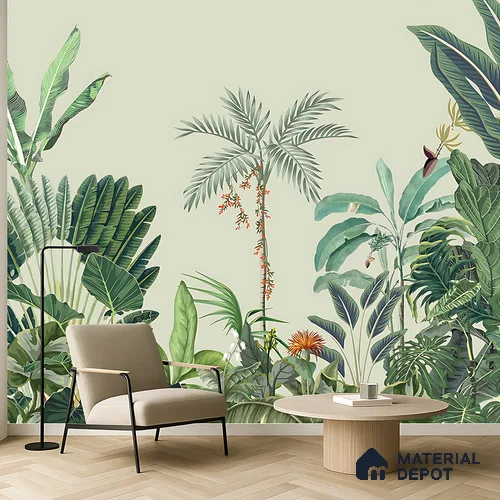 Verdant Palm Symphony Artistic Charm Designer | WP 03974 B Canvas Texture Finish Tropical Style luxurious Customized size Wallpaper | 250 GSM WP01CNF Paper | (MOQ = 30 Sq. Ft.)