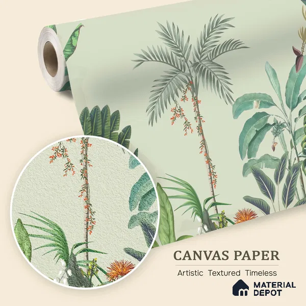 Verdant Palm Symphony Artistic Charm Designer | WP 03974 B Canvas Texture Finish Tropical Style luxurious Customized size Wallpaper | 250 GSM WP01CNF Paper | (MOQ = 30 Sq. Ft.)