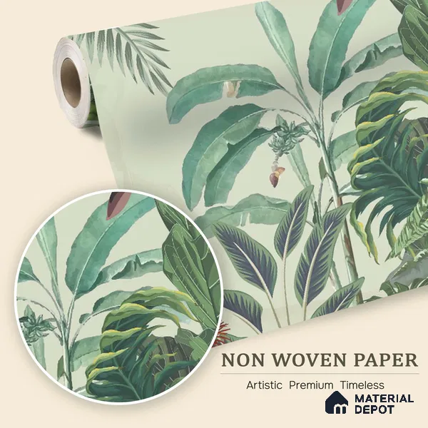 Verdant Palm Symphony Artistic Charm Designer | WP 03974 Non Woven Matte Finish Tropical Style Premium Customized size Wallpaper | 150 GSM WP01MTF Paper | (MOQ = 30 Sq. Ft.)