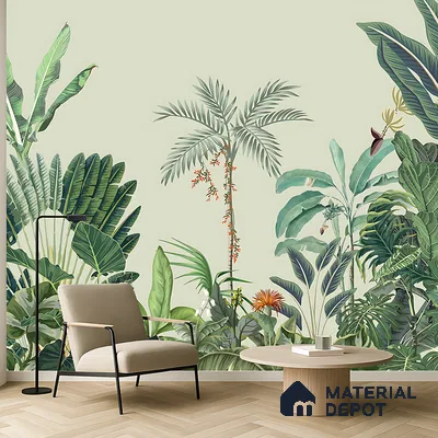 Verdant Palm Symphony Artistic Charm Designer | WP 03974 Non Woven Matte Finish Tropical Style Premium Customized size Wallpaper | 150 GSM WP01MTF Paper | (MOQ = 30 Sq. Ft.)