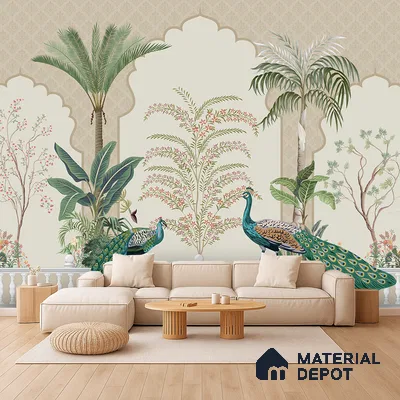 Peacock Veranda Royale Artistic Charm Designer | WP 03975 B Canvas Texture Finish Chinoiserie Style luxurious Customized size Wallpaper | 250 GSM WP01CNF Paper | (MOQ = 30 Sq. Ft.)