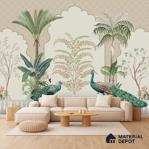 Peacock Veranda Royale Artistic Charm Designer | WP 03975 B Canvas Texture Finish Chinoiserie Style luxurious Customized size Wallpaper | 250 GSM WP01CNF Paper | (MOQ = 30 Sq. Ft.)