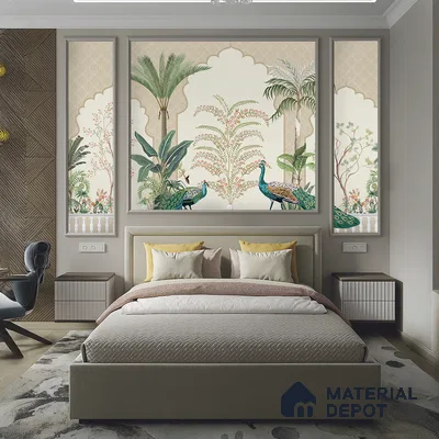 Peacock Veranda Royale Artistic Charm Designer | WP 03975 B Canvas Texture Finish Chinoiserie Style luxurious Customized size Wallpaper | 250 GSM WP01CNF Paper | (MOQ = 30 Sq. Ft.)