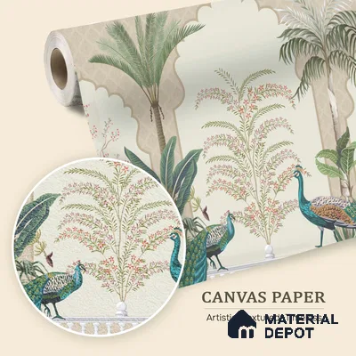 Peacock Veranda Royale Artistic Charm Designer | WP 03975 B Canvas Texture Finish Chinoiserie Style luxurious Customized size Wallpaper | 250 GSM WP01CNF Paper | (MOQ = 30 Sq. Ft.)