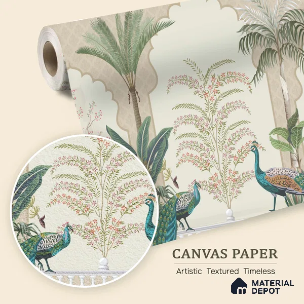 Peacock Veranda Royale Artistic Charm Designer | WP 03975 B Canvas Texture Finish Chinoiserie Style luxurious Customized size Wallpaper | 250 GSM WP01CNF Paper | (MOQ = 30 Sq. Ft.)