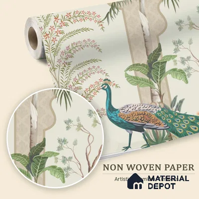 Peacock Veranda Royale Artistic Charm Designer | WP 03975 Non Woven Matte Finish Chinoiserie Style Premium Customized size Wallpaper | 150 GSM WP01MTF Paper | (MOQ = 30 Sq. Ft.)