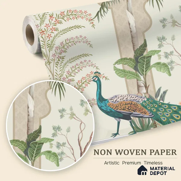 Peacock Veranda Royale Artistic Charm Designer | WP 03975 Non Woven Matte Finish Chinoiserie Style Premium Customized size Wallpaper | 150 GSM WP01MTF Paper | (MOQ = 30 Sq. Ft.)