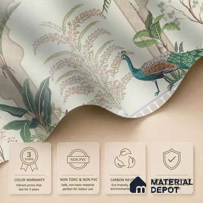 Peacock Veranda Royale Artistic Charm Designer | WP 03975 Non Woven Matte Finish Chinoiserie Style Premium Customized size Wallpaper | 150 GSM WP01MTF Paper | (MOQ = 30 Sq. Ft.)