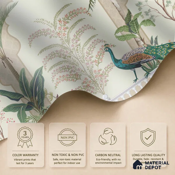 Peacock Veranda Royale Artistic Charm Designer | WP 03975 Non Woven Matte Finish Chinoiserie Style Premium Customized size Wallpaper | 150 GSM WP01MTF Paper | (MOQ = 30 Sq. Ft.)