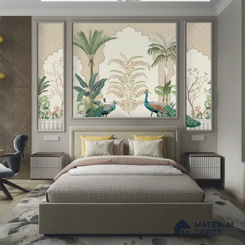 Peacock Veranda Royale Artistic Charm Designer | WP 03975 Non Woven Matte Finish Chinoiserie Style Premium Customized size Wallpaper | 150 GSM WP01MTF Paper | (MOQ = 30 Sq. Ft.)