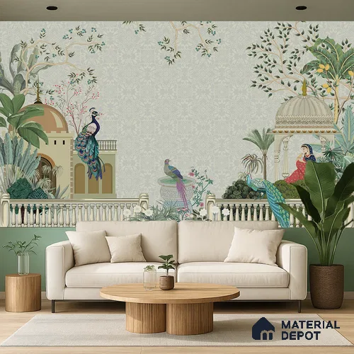 Rani’s Courtyard Reverie Artistic Charm Designer | WP 03976 B Canvas Texture Finish Tropical Style luxurious Customized size Wallpaper | 250 GSM WP01CNF Paper | (MOQ = 30 Sq. Ft.)