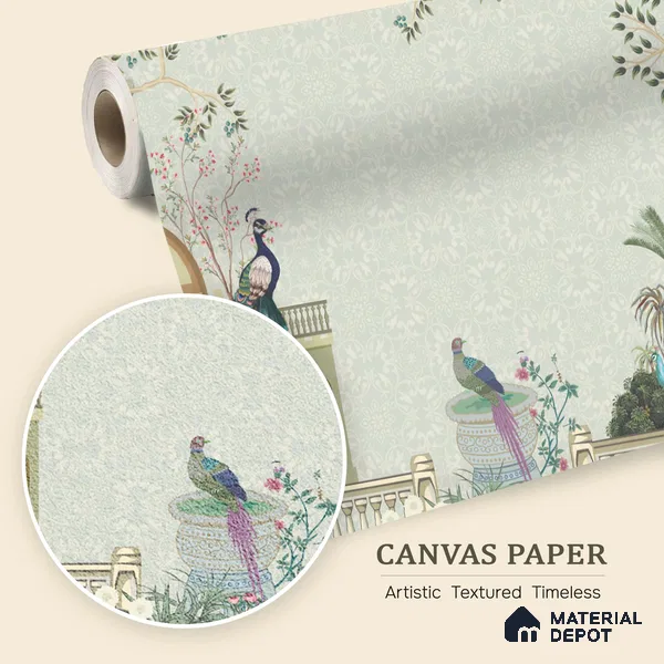 Rani’s Courtyard Reverie Artistic Charm Designer | WP 03976 B Canvas Texture Finish Tropical Style luxurious Customized size Wallpaper | 250 GSM WP01CNF Paper | (MOQ = 30 Sq. Ft.)