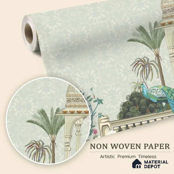 Rani’s Courtyard Reverie Artistic Charm Designer | WP 03976 Non Woven Matte Finish Tropical Style Premium Customized size Wallpaper | 150 GSM WP01MTF Paper | (MOQ = 30 Sq. Ft.)