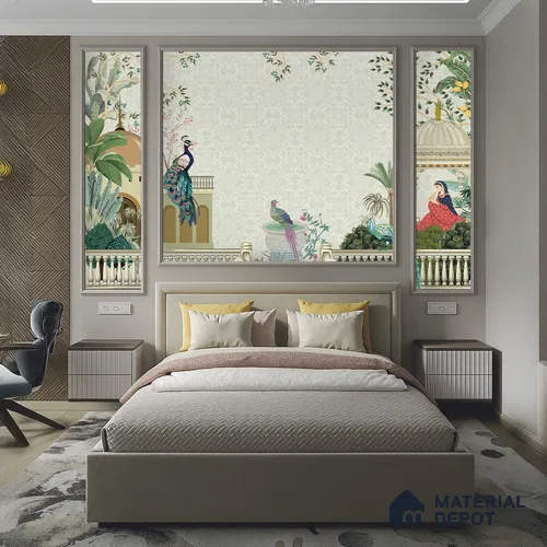 Rani’s Courtyard Reverie Artistic Charm Designer | WP 03976 Non Woven Matte Finish Tropical Style Premium Customized size Wallpaper | 150 GSM WP01MTF Paper | (MOQ = 30 Sq. Ft.)
