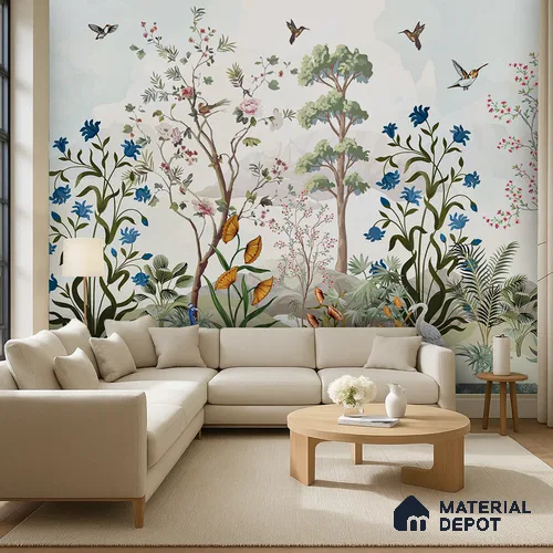 Blue Bloom Sanctuary Artistic Charm Designer | WP 03977 B Canvas Texture Finish Chinoiserie Style luxurious Customized size Wallpaper | 250 GSM WP01CNF Paper | (MOQ = 30 Sq. Ft.)