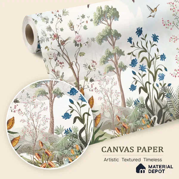 Blue Bloom Sanctuary Artistic Charm Designer | WP 03977 B Canvas Texture Finish Chinoiserie Style luxurious Customized size Wallpaper | 250 GSM WP01CNF Paper | (MOQ = 30 Sq. Ft.)