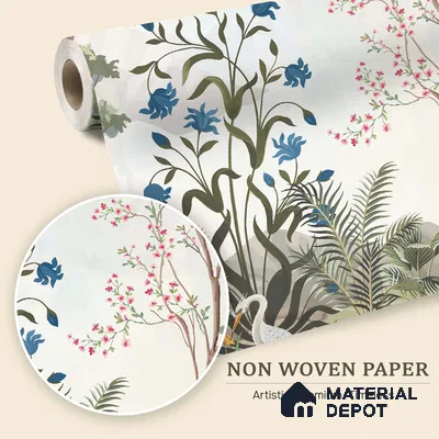 Blue Bloom Sanctuary Artistic Charm Designer | WP 03977 Non Woven Matte Finish Chinoiserie Style Premium Customized size Wallpaper | 150 GSM WP01MTF Paper | (MOQ = 30 Sq. Ft.)