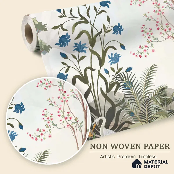 Blue Bloom Sanctuary Artistic Charm Designer | WP 03977 Non Woven Matte Finish Chinoiserie Style Premium Customized size Wallpaper | 150 GSM WP01MTF Paper | (MOQ = 30 Sq. Ft.)