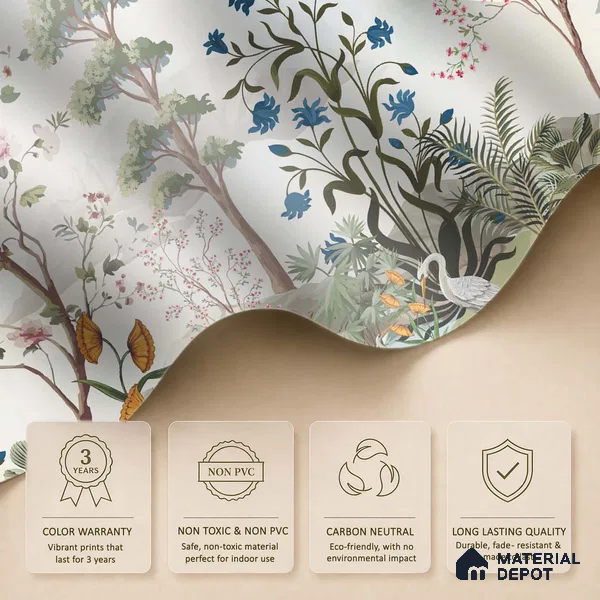 Blue Bloom Sanctuary Artistic Charm Designer | WP 03977 Non Woven Matte Finish Chinoiserie Style Premium Customized size Wallpaper | 150 GSM WP01MTF Paper | (MOQ = 30 Sq. Ft.)