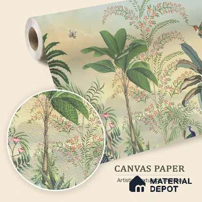 Golden Canopy Peacock Garden Dreamy Artistic | WP 03978 B Canvas Texture Finish Tropical Style luxurious Customized size Wallpaper | 250 GSM WP01CNF Paper | (MOQ = 30 Sq. Ft.)