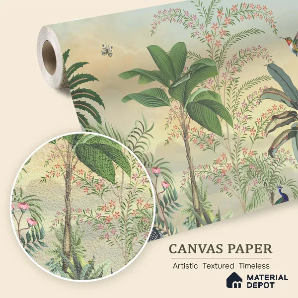 Golden Canopy Peacock Garden Dreamy Artistic | WP 03978 B Canvas Texture Finish Tropical Style luxurious Customized size Wallpaper | 250 GSM WP01CNF Paper | (MOQ = 30 Sq. Ft.)