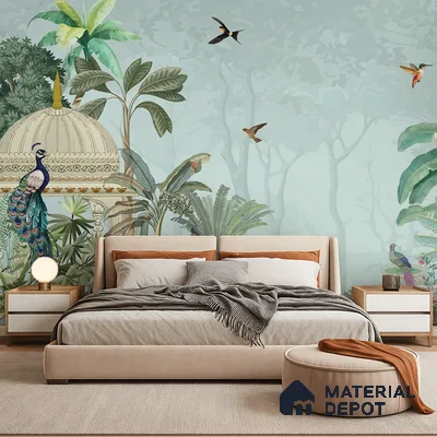 Serene Pavilion Peacock Garden Dreamy Artistic | WP 03979 B Canvas Texture Finish Tropical Style luxurious Customized size Wallpaper | 250 GSM WP01CNF Paper | (MOQ = 30 Sq. Ft.)