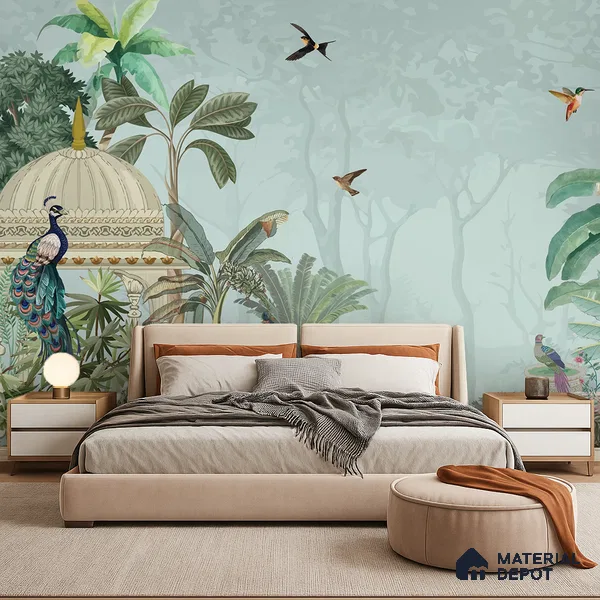 Serene Pavilion Peacock Garden Dreamy Artistic | WP 03979 B Canvas Texture Finish Tropical Style luxurious Customized size Wallpaper | 250 GSM WP01CNF Paper | (MOQ = 30 Sq. Ft.)