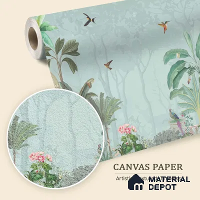 Serene Pavilion Peacock Garden Dreamy Artistic | WP 03979 B Canvas Texture Finish Tropical Style luxurious Customized size Wallpaper | 250 GSM WP01CNF Paper | (MOQ = 30 Sq. Ft.)
