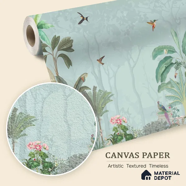 Serene Pavilion Peacock Garden Dreamy Artistic | WP 03979 B Canvas Texture Finish Tropical Style luxurious Customized size Wallpaper | 250 GSM WP01CNF Paper | (MOQ = 30 Sq. Ft.)