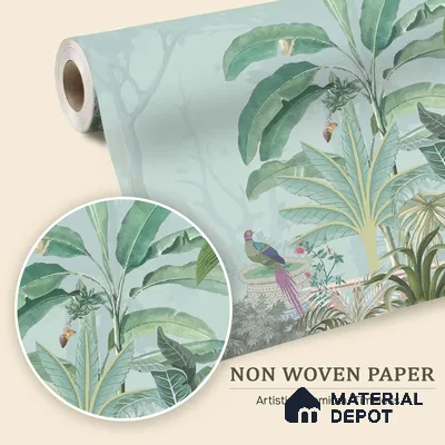Serene Pavilion Peacock Garden Dreamy Artistic | WP 03979 Non Woven Matte Finish Tropical Style Premium Customized size Wallpaper | 150 GSM WP01MTF Paper | (MOQ = 30 Sq. Ft.)