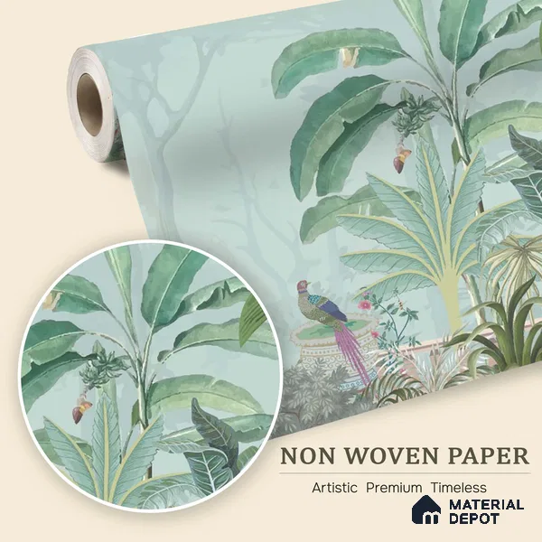 Serene Pavilion Peacock Garden Dreamy Artistic | WP 03979 Non Woven Matte Finish Tropical Style Premium Customized size Wallpaper | 150 GSM WP01MTF Paper | (MOQ = 30 Sq. Ft.)