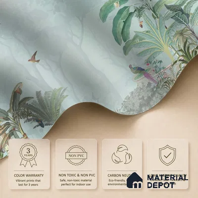 Serene Pavilion Peacock Garden Dreamy Artistic | WP 03979 Non Woven Matte Finish Tropical Style Premium Customized size Wallpaper | 150 GSM WP01MTF Paper | (MOQ = 30 Sq. Ft.)