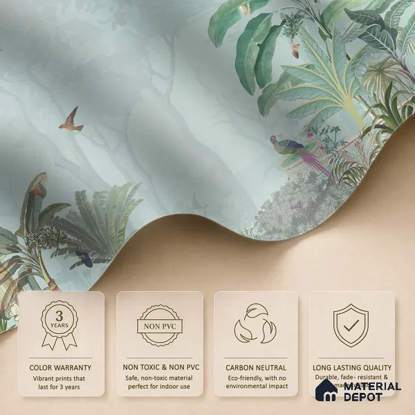 Serene Pavilion Peacock Garden Dreamy Artistic | WP 03979 Non Woven Matte Finish Tropical Style Premium Customized size Wallpaper | 150 GSM WP01MTF Paper | (MOQ = 30 Sq. Ft.)