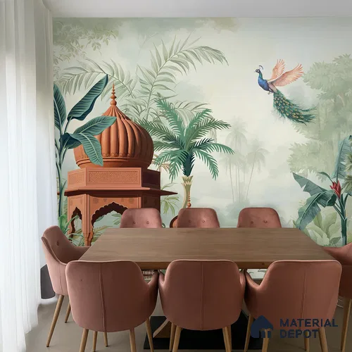 Amber Pavilion Peacock Flight Dreamy Artistic | WP 03981 B Canvas Texture Finish Tropical Style luxurious Customized size Wallpaper | 250 GSM WP01CNF Paper | (MOQ = 30 Sq. Ft.)