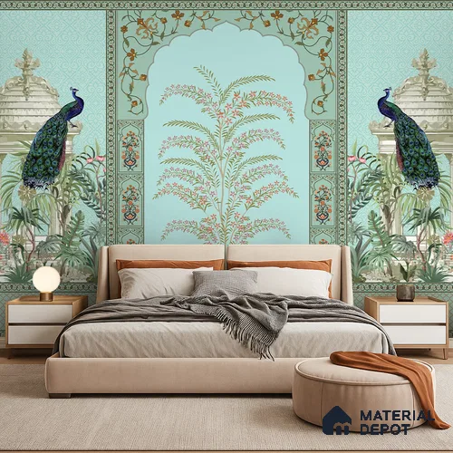 Celestial Jharokha Peacock Court Artistic Charm Designer | WP 03982 B Canvas Texture Finish Tropical Style luxurious Customized size Wallpaper | 250 GSM WP01CNF Paper | (MOQ = 30 Sq. Ft.)
