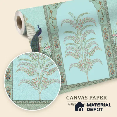 Celestial Jharokha Peacock Court Artistic Charm Designer | WP 03982 B Canvas Texture Finish Tropical Style luxurious Customized size Wallpaper | 250 GSM WP01CNF Paper | (MOQ = 30 Sq. Ft.)