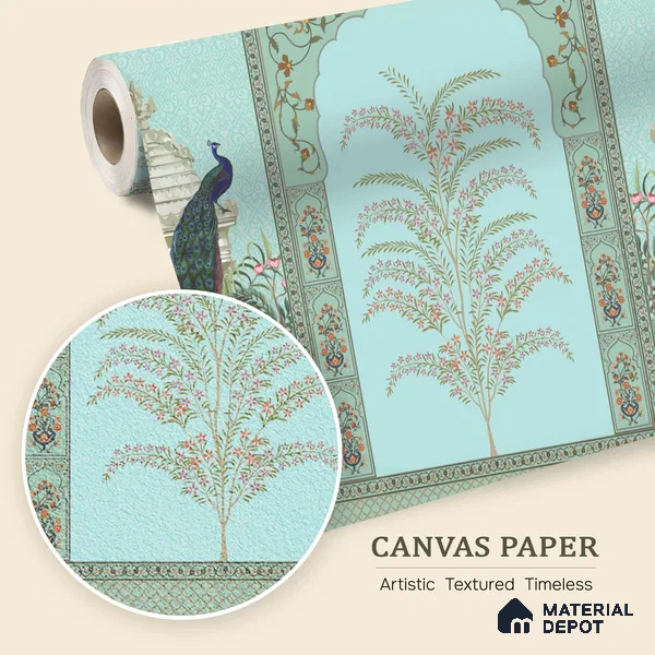 Celestial Jharokha Peacock Court Artistic Charm Designer | WP 03982 B Canvas Texture Finish Tropical Style luxurious Customized size Wallpaper | 250 GSM WP01CNF Paper | (MOQ = 30 Sq. Ft.)